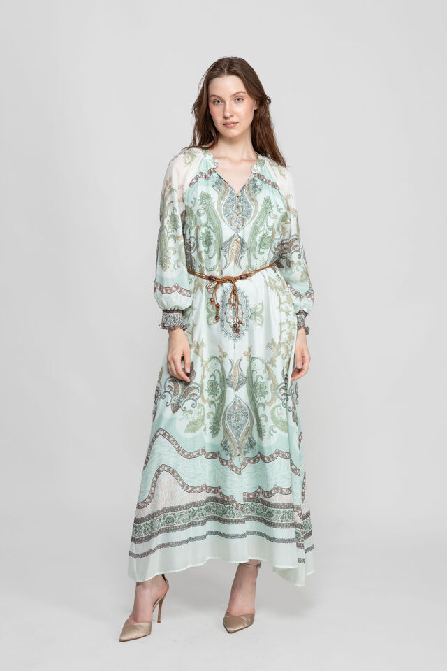 Mint Yeşili Etnik Desenli Kemerli Midi Elbise