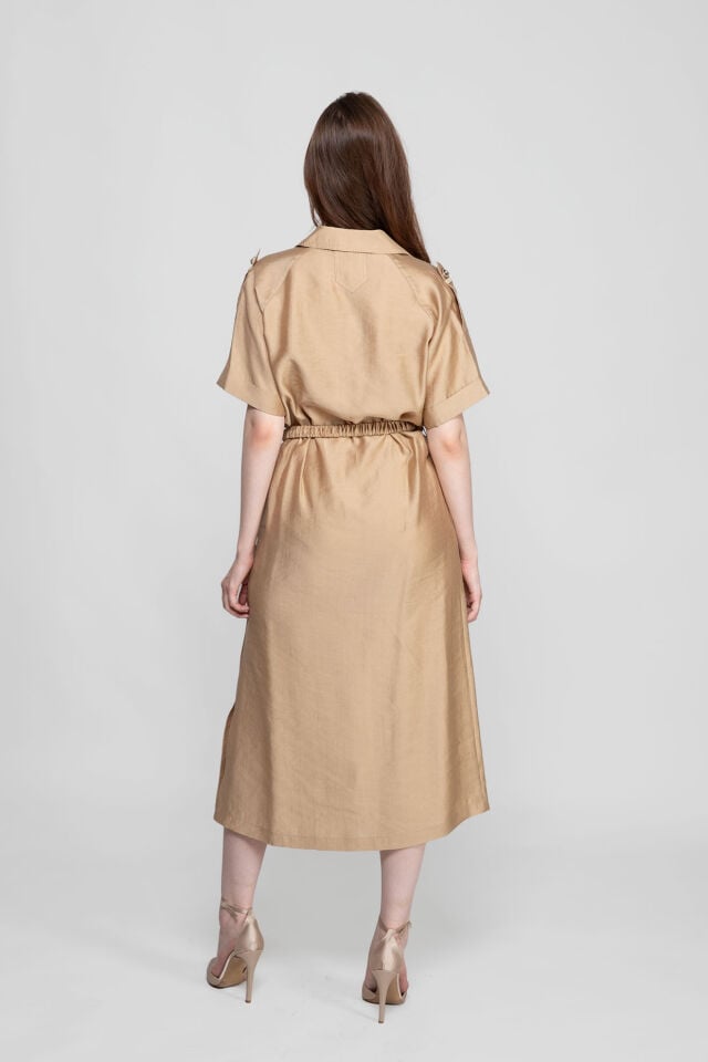 Camel V Yaka Kemerli Midi Elbise