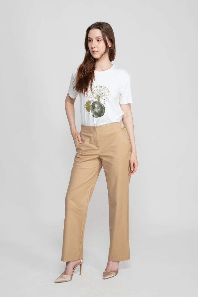 Camel Yüksek Bel Kadın Kumaş Pantolon