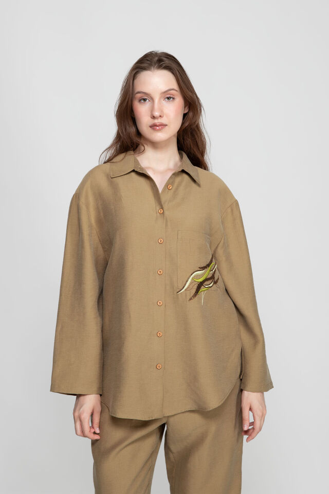 Camel Oversize Uzun Kollu Kadın Gömlek