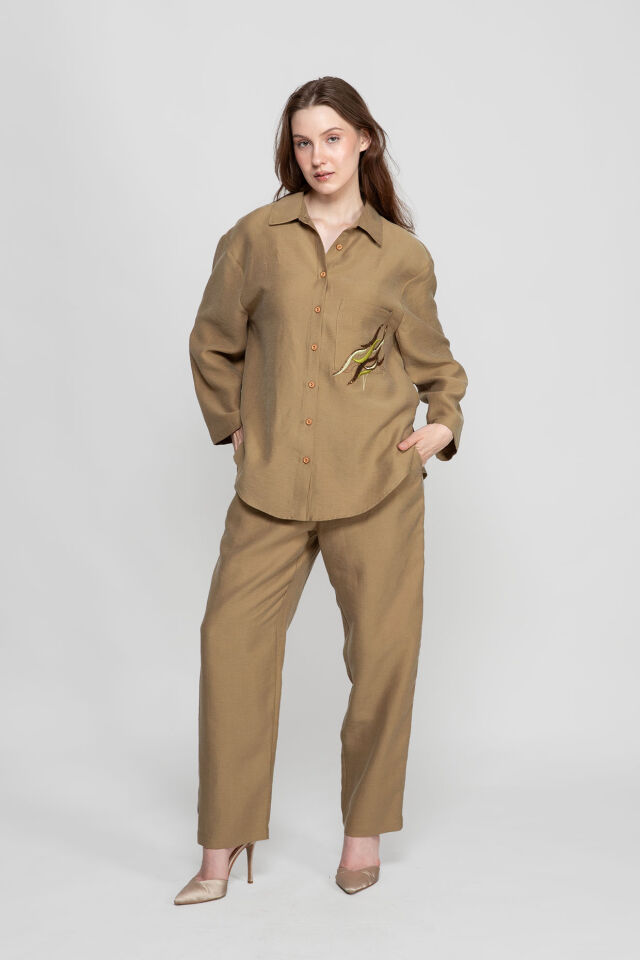 Camel Oversize Uzun Kollu Kadın Gömlek