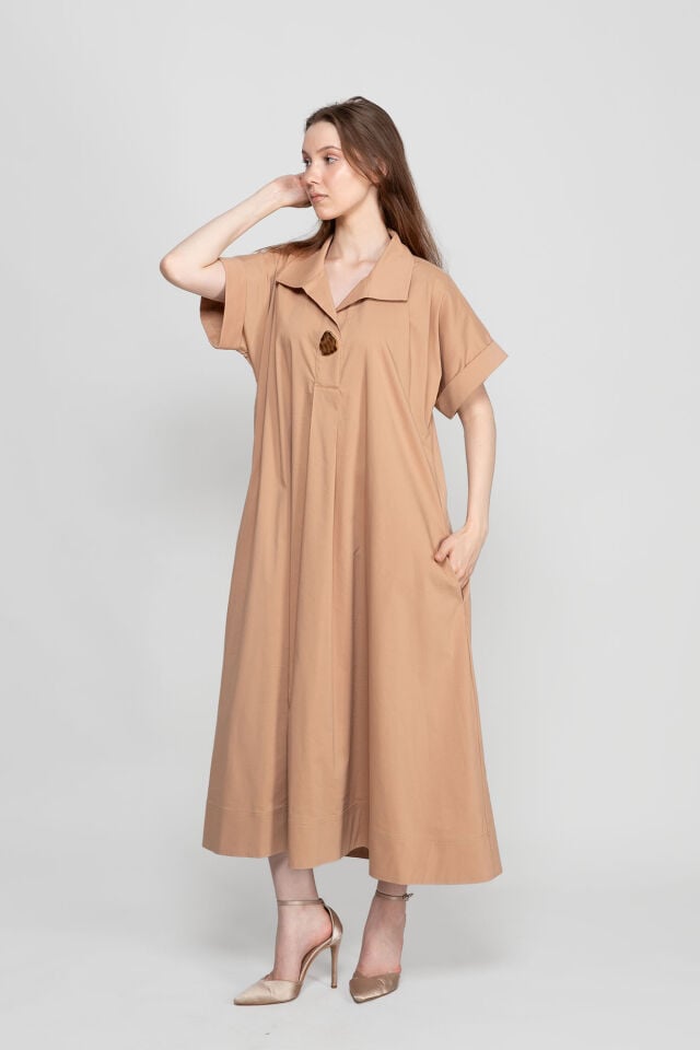 Bej Oversize Polo Yaka Midi Kadın Elbise