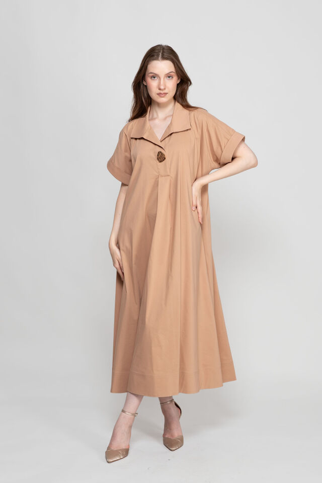 Bej Oversize Polo Yaka Midi Kadın Elbise