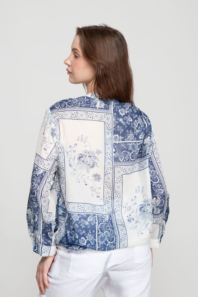 Patchwork Desenli Bağlama Detaylı Kadın Gömlek