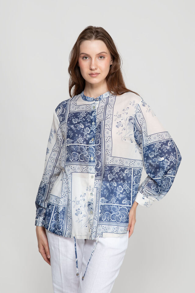 Patchwork Desenli Bağlama Detaylı Kadın Gömlek